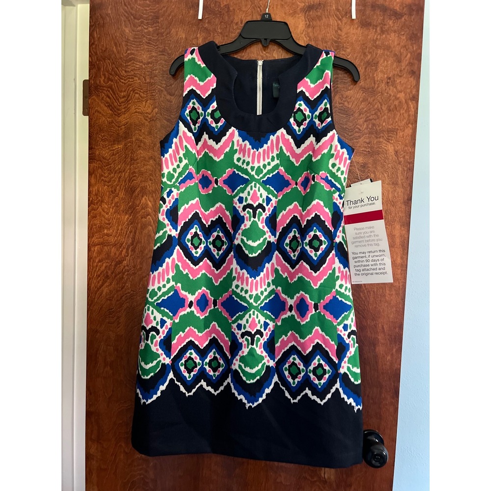 NEW Gabby Skye Shift Dress Women 12 Navy Multi Geometric Ikat Sleeveless Knit